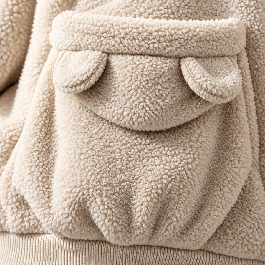 Close-up of the pouch flap, ear details and sherpa pile