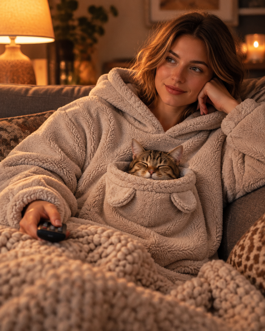 Sherpa fleece close up with a sleeping cat in the pouch