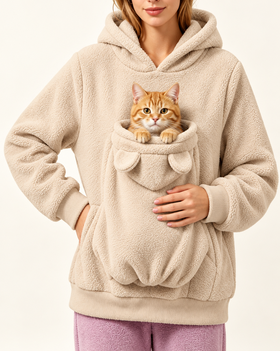 The Meowpocket Original in Beige with a ginger cat in the front pouch