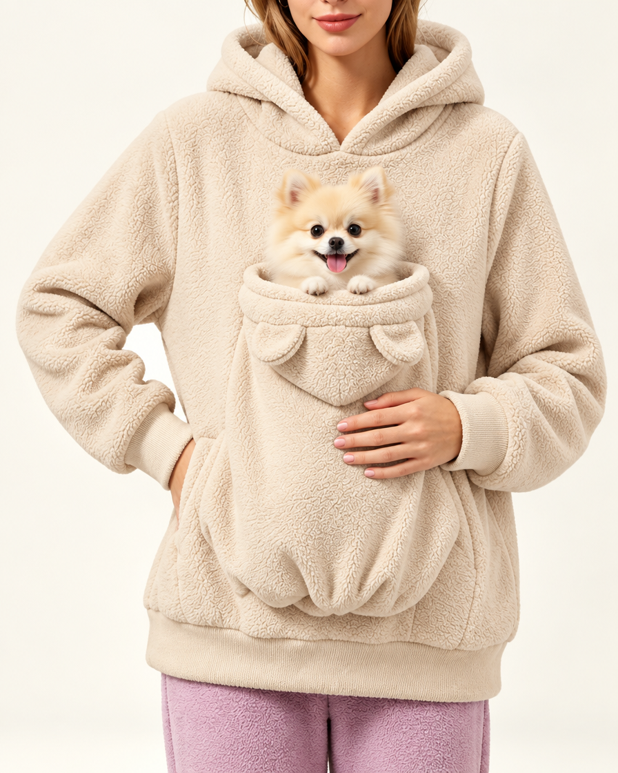 Small Pomeranian dog sitting in the hoodie pouch