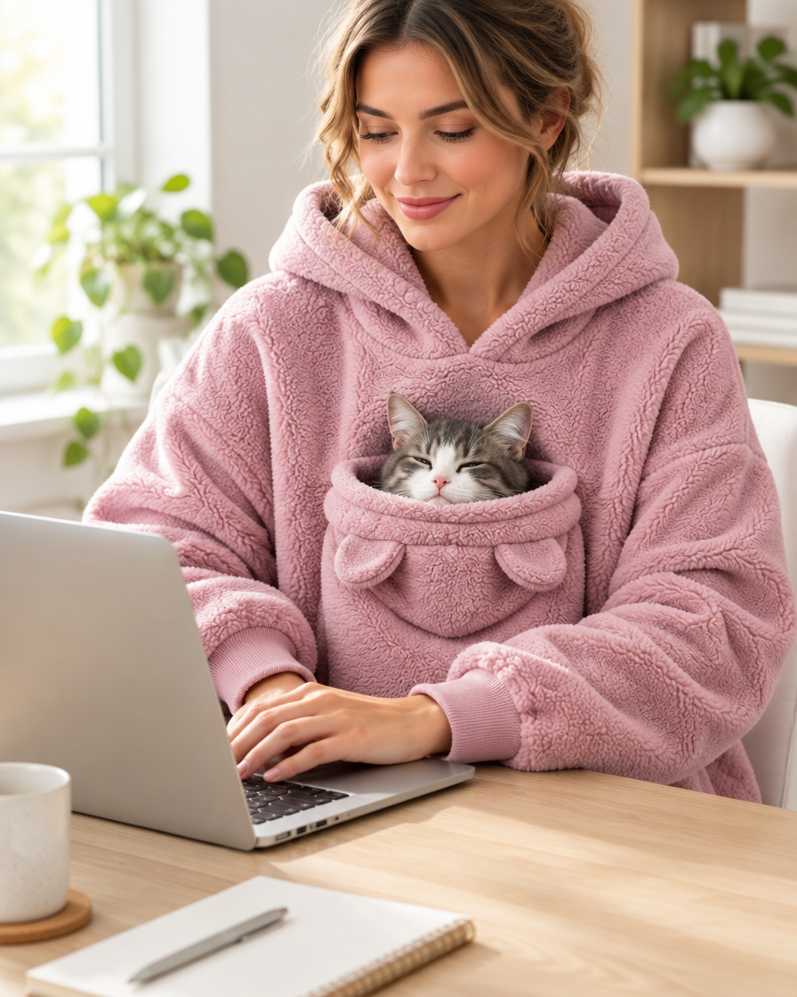 Woman typing at a desk with a cat in the hoodie pouch