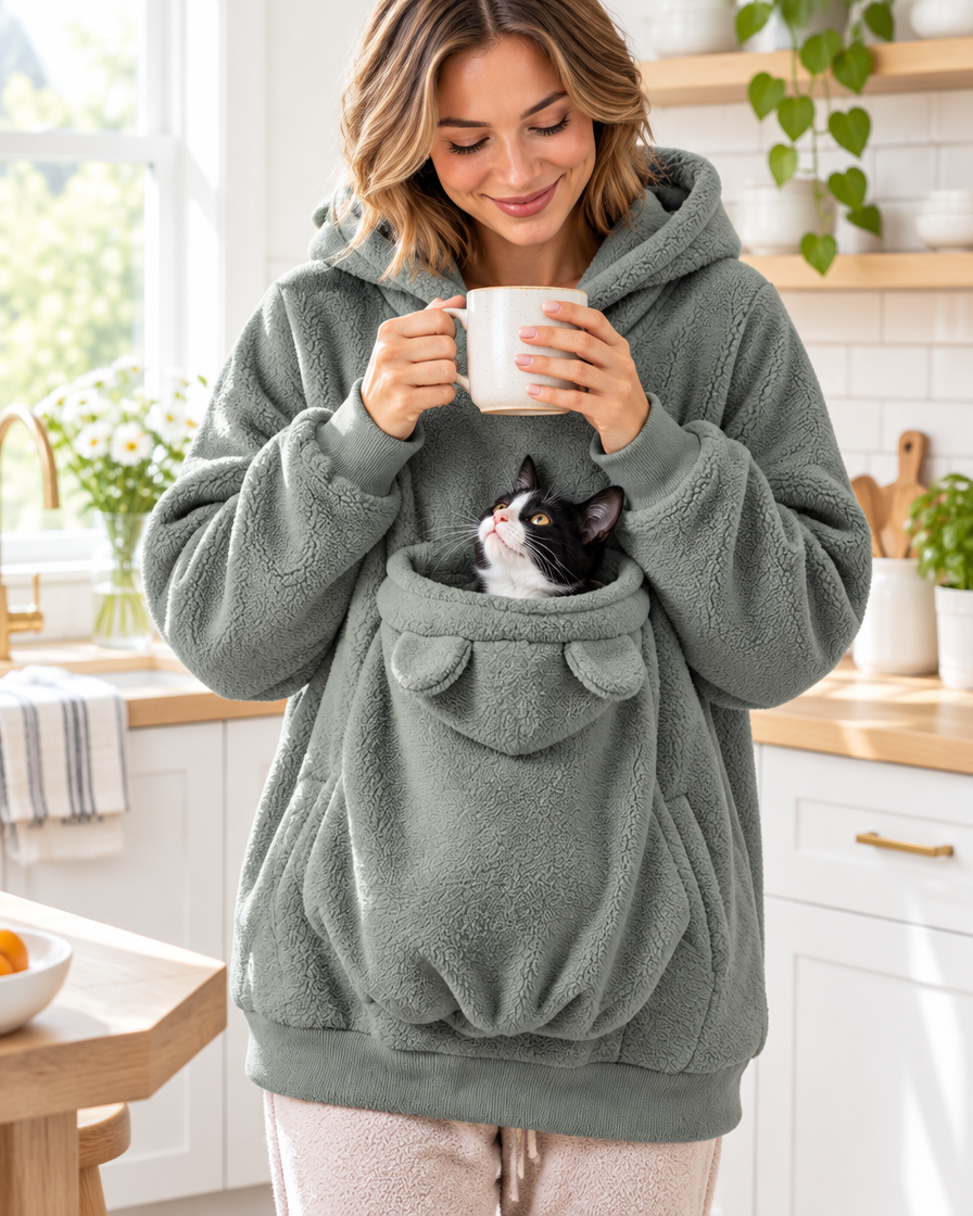 Woman in a kitchen with a cat peeking from the hoodie pouch